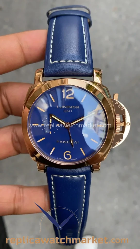 Replica Panerai Luminor Marina GMT Goldtech Sole Blu Ref. PAM01112 Rose Case Blue Dial Blue Leather 48 mm — product view 1