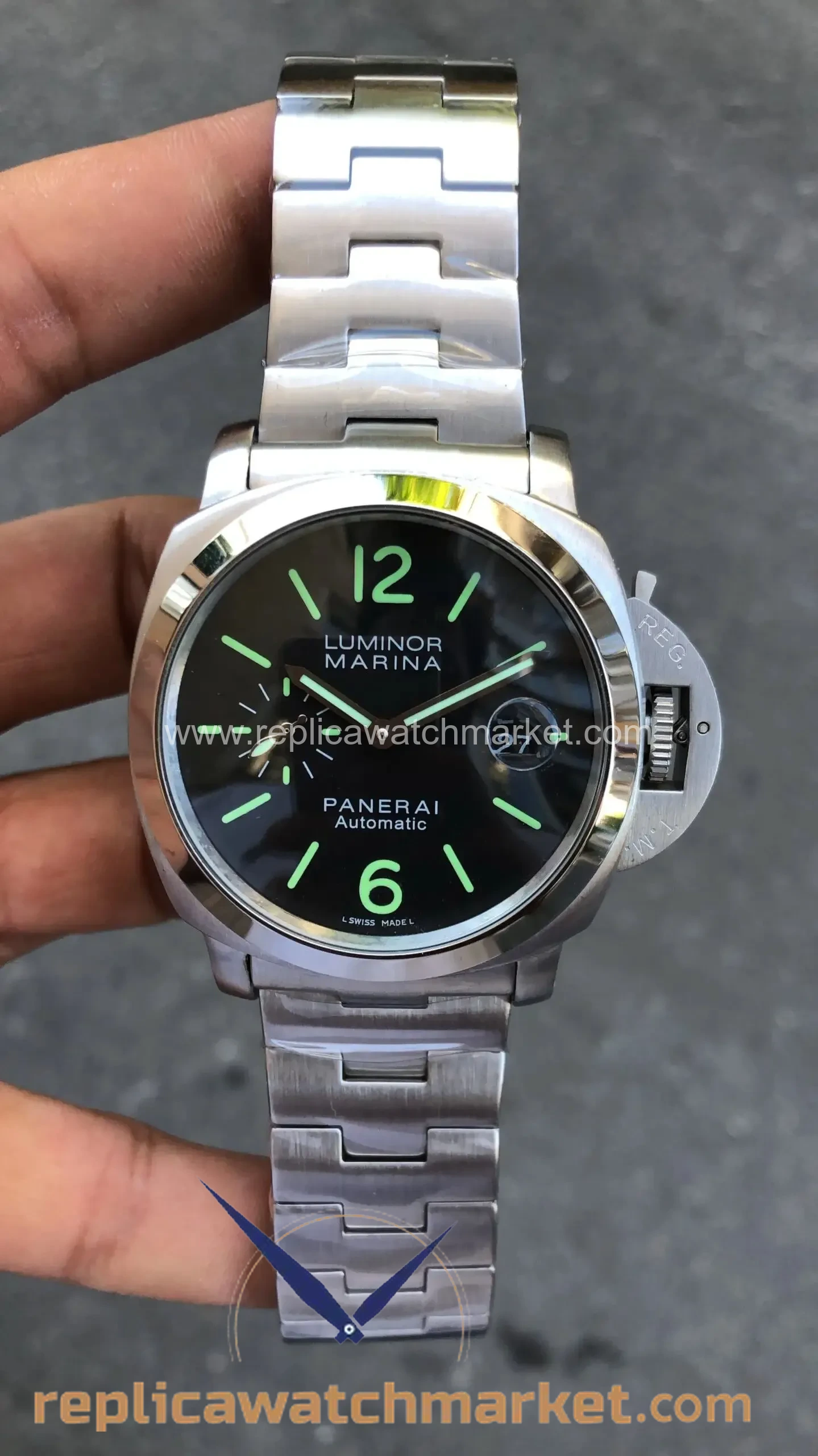Replica Panerai Luminor Marina PAM00722 Steel Case & Bracelet Black Dial 48 mm — product view 1