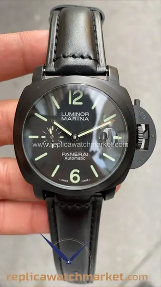 Replika Panerai Luminor Marina PAM00026 PVD kasa, siyah kadran, siyah deri kayış 48 mm — ürün görünümü 1