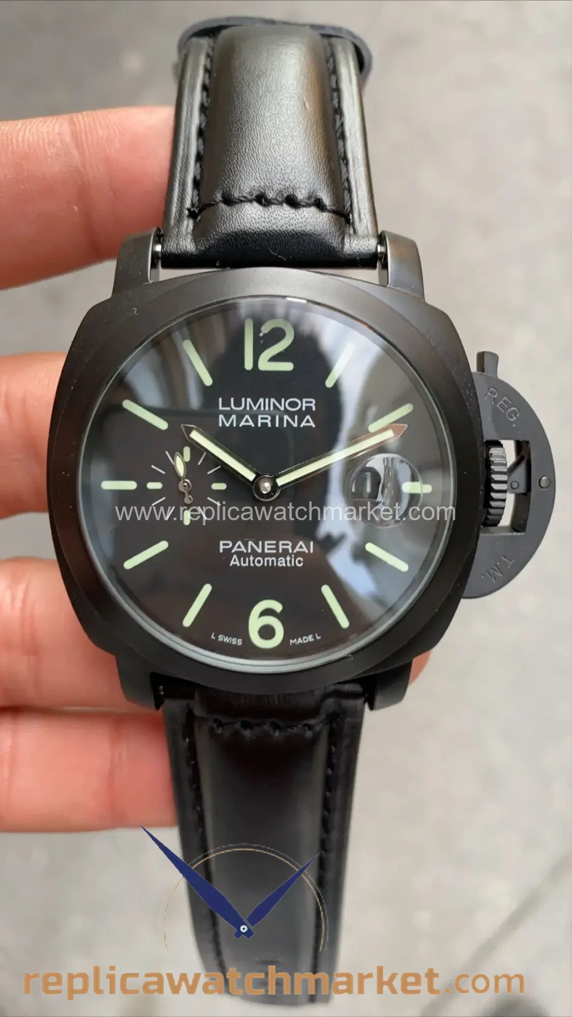 Replica Panerai Luminor Marina PAM00026 PVD Case Black Dial Black Leather 48 mm — product view 1