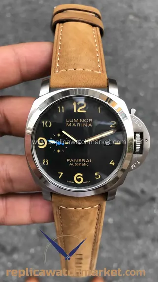 Replika Panerai Luminor Marina Çelik Kasa Siyah Kadran Kahverengi Deri 48 mm — ürün görünümü 1