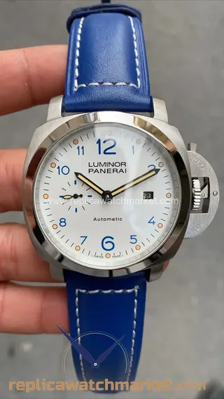 Replika Panerai Luminor Marina çelik kasa, beyaz kadran, mavi deri kayış 48 mm — ürün görünümü 1