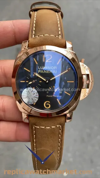 Replika Panerai Luminor Power Reserve PAM00423 pembe altın kasa, siyah kadran, kahverengi deri kayış 48 mm — ürün görünümü 1