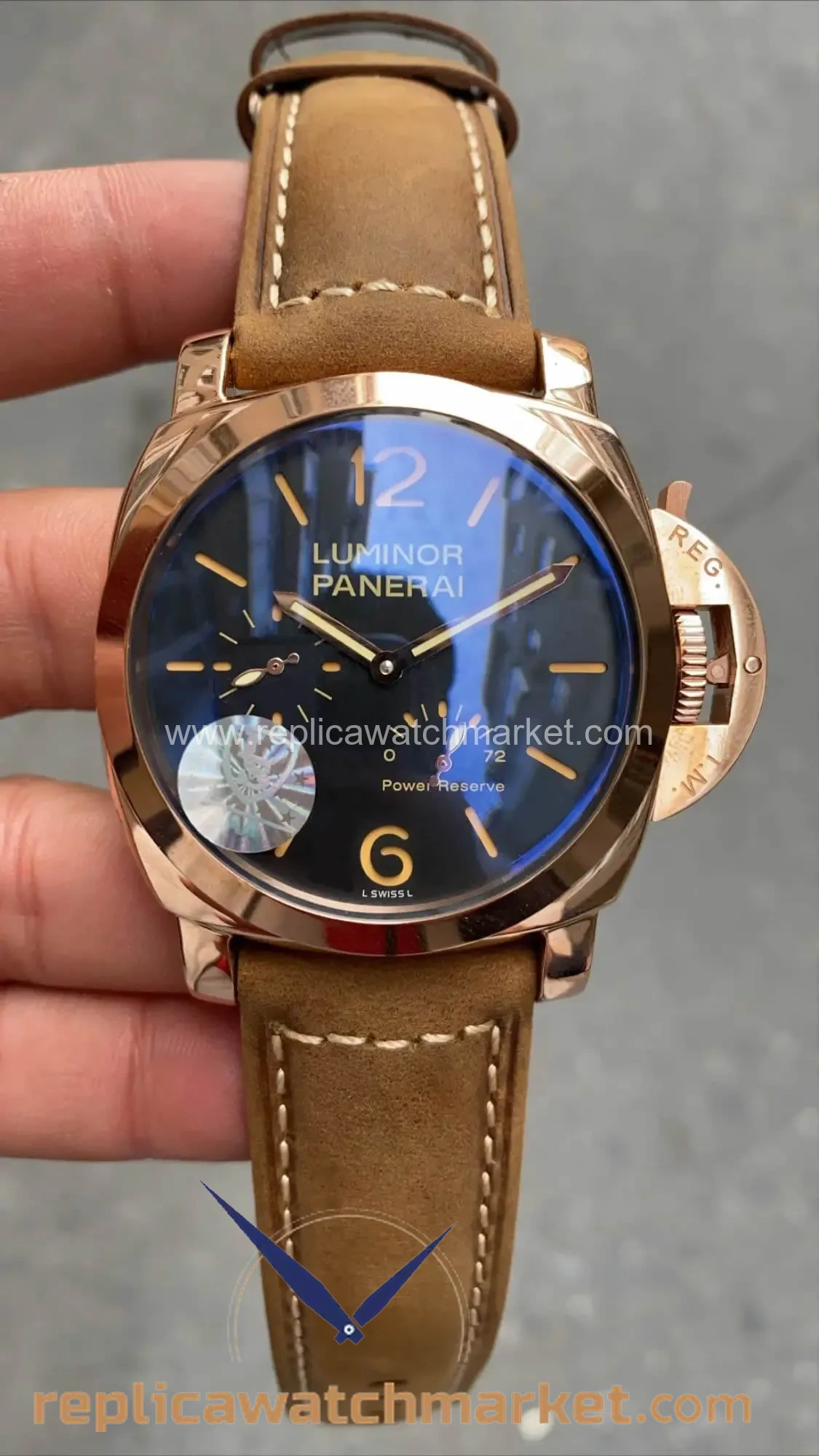 Replica Panerai Luminor Power Reserve PAM00423 Rose Gold Case Black Dial Brown Leather 48 mm — product view 1