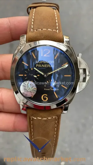 Replika Panerai Luminor Power Reserve PAM00423 Çelik Kasa Siyah Kadran Kahverengi Deri 48 mm — ürün görünümü 1