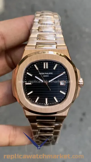 Replika Patek Philippe Nautilus 5711 — Pembe altın kasa, siyah kadran 40 mm — ürün görünümü 1
