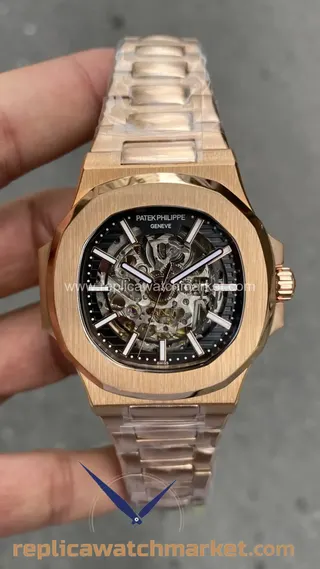 Replika Patek Philippe Nautilus 5711 — İskelet Pembe Altın Kasa Siyah Kadran 40 mm — ürün görünümü 1