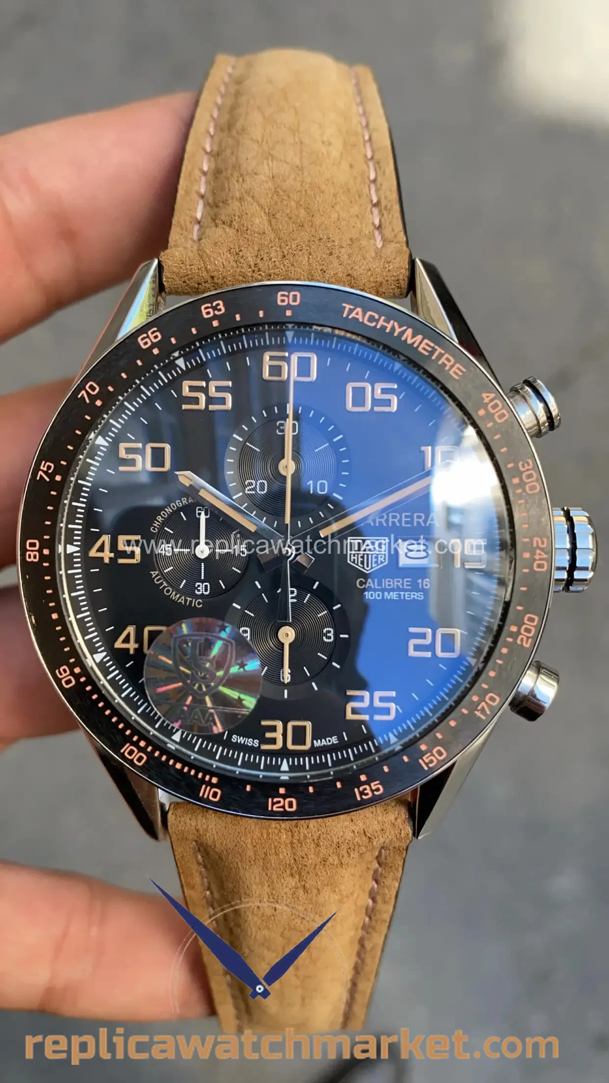 Replica TAG Heuer Carrera Calibre 16 Chronograph — Black Dial Brown Leather Strap 41 mm — product view 1