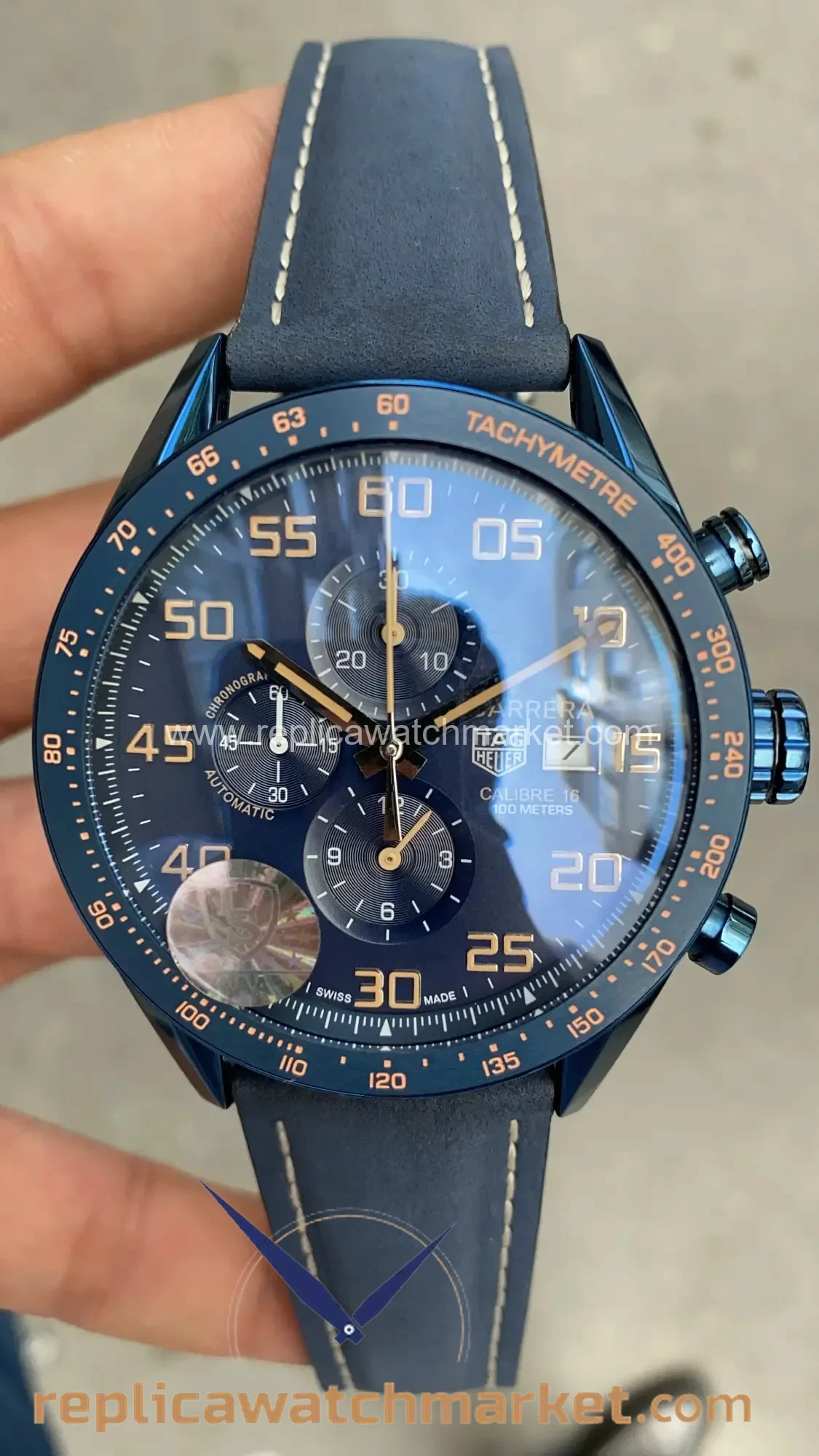 Replica TAG Heuer Carrera Calibre 16 Chronograph — Blue Case & Dial Blue Leather Strap 43 mm — product view 1