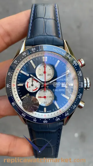 Replika TAG Heuer Carrera Calibre 16 Chronograph — Mavi Kadran, Mavi Deri Kayış 43 mm — ürün görünümü 1