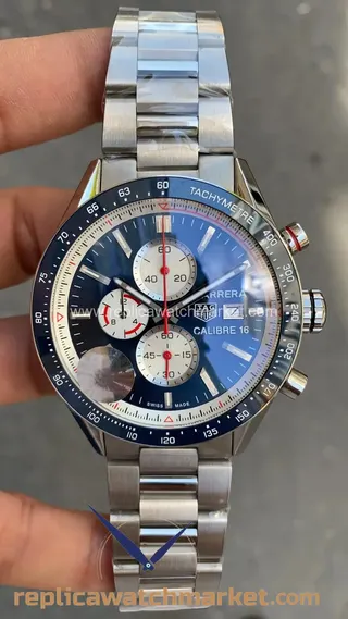 Replika TAG Heuer Carrera Calibre 16 Chronograph — Mavi Kadranlı Çelik Bilezikli 43 mm — ürün görünümü 1