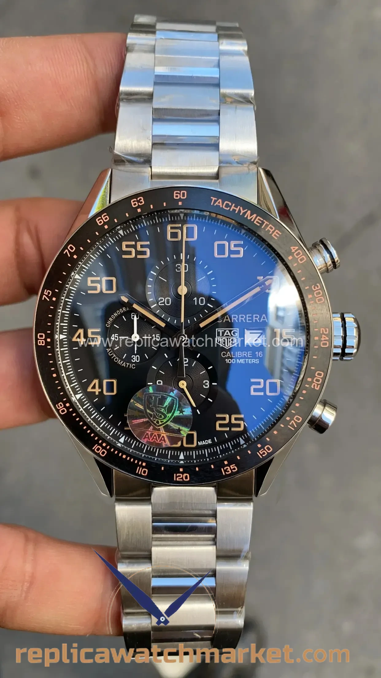 Replica TAG Heuer Carrera Calibre 16 Chronograph — New Black Dial Steel Bracelet 43 mm — product view 1