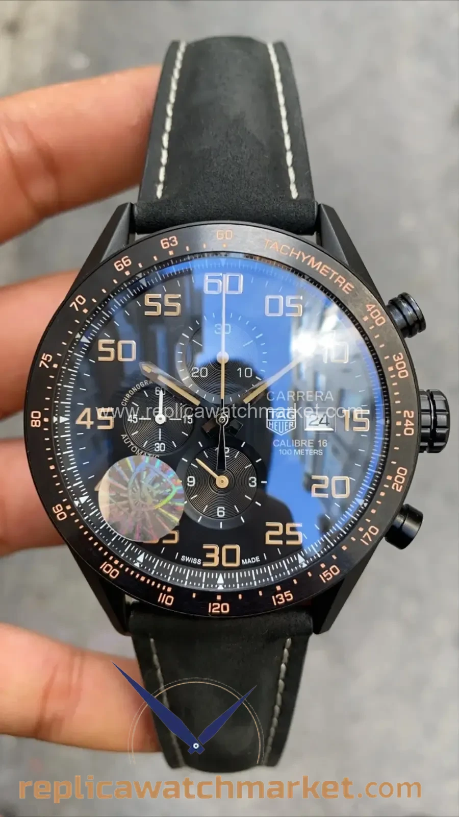Replica TAG Heuer Carrera Calibre 16 Chronograph — PVD Case Black Dial Black Leather Strap 41 mm — product view 1