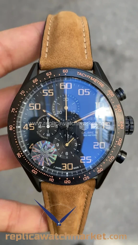 Replica TAG Heuer Carrera Calibre 16 Chronograph — PVD Case Black Dial Brown Leather Strap 41 mm — product view 1