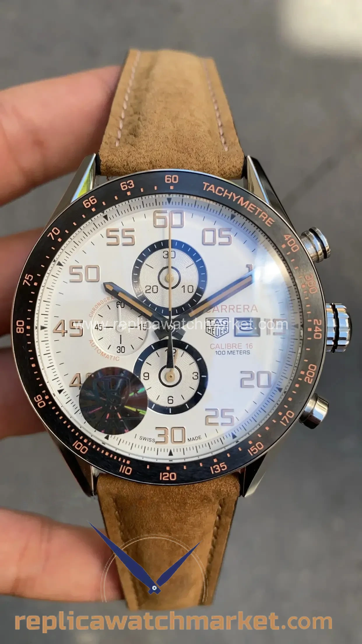Replica TAG Heuer Carrera Calibre 16 Chronograph — White Dial Brown Leather Strap 41 mm — product view 1