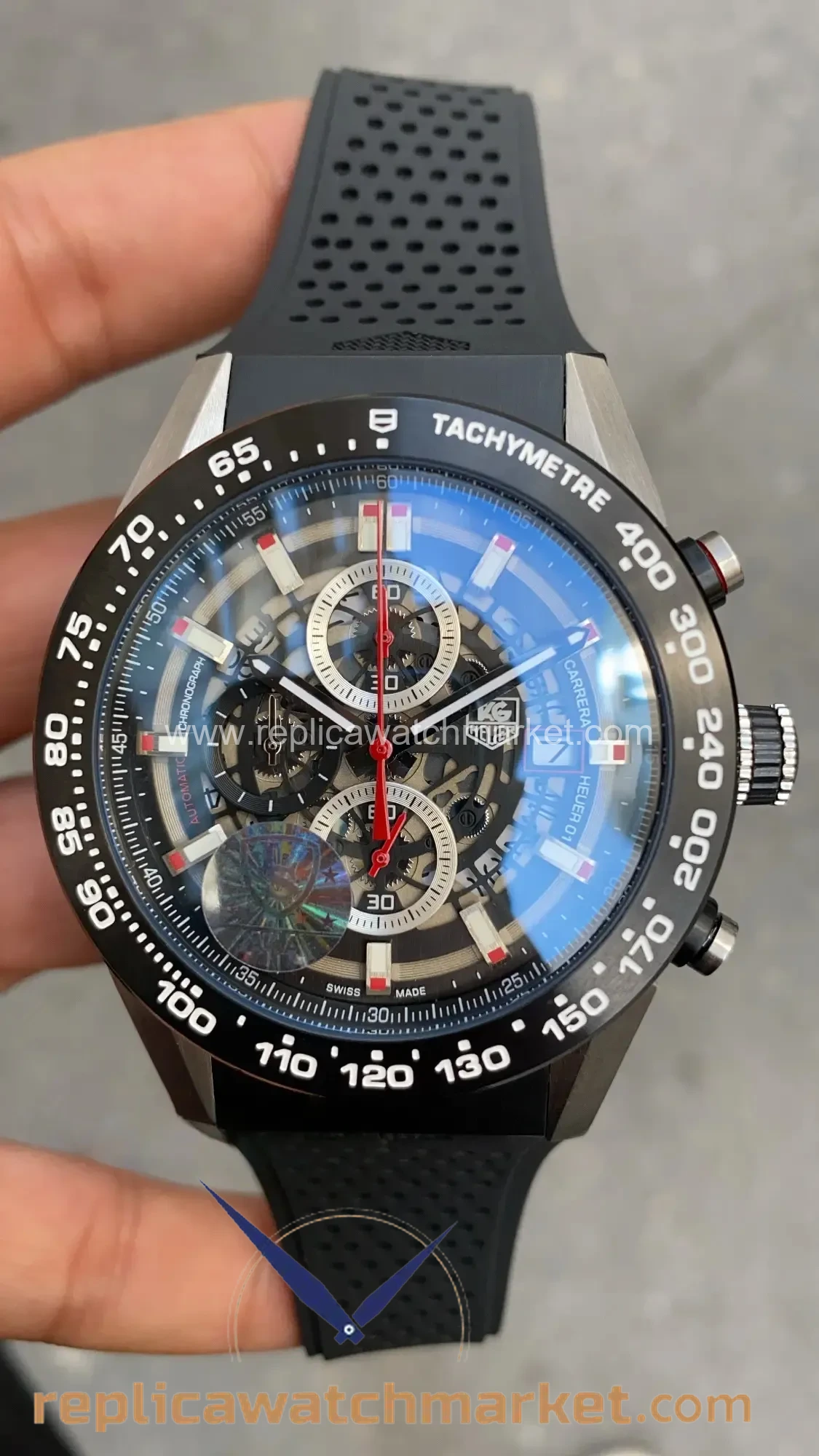 Replica TAG Heuer Carrera Calibre Heuer 01 Skeleton Chronograph — Steel Case Black Dial Rubber Strap 43 mm — product view 1
