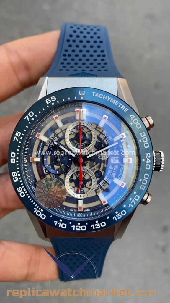 Replica TAG Heuer Carrera Calibre Heuer 01 Skeleton Chronograph — Steel Case Blue Dial Rubber Strap 43 mm — product view 1