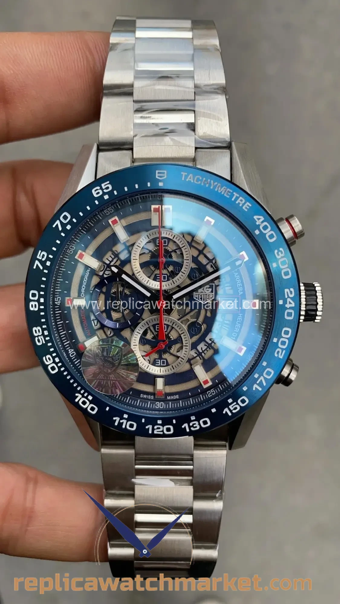 Replica TAG Heuer Carrera Calibre Heuer 01 Skeleton Chronograph — Steel Case Blue Dial Steel Bracelet 43 mm — product view 1