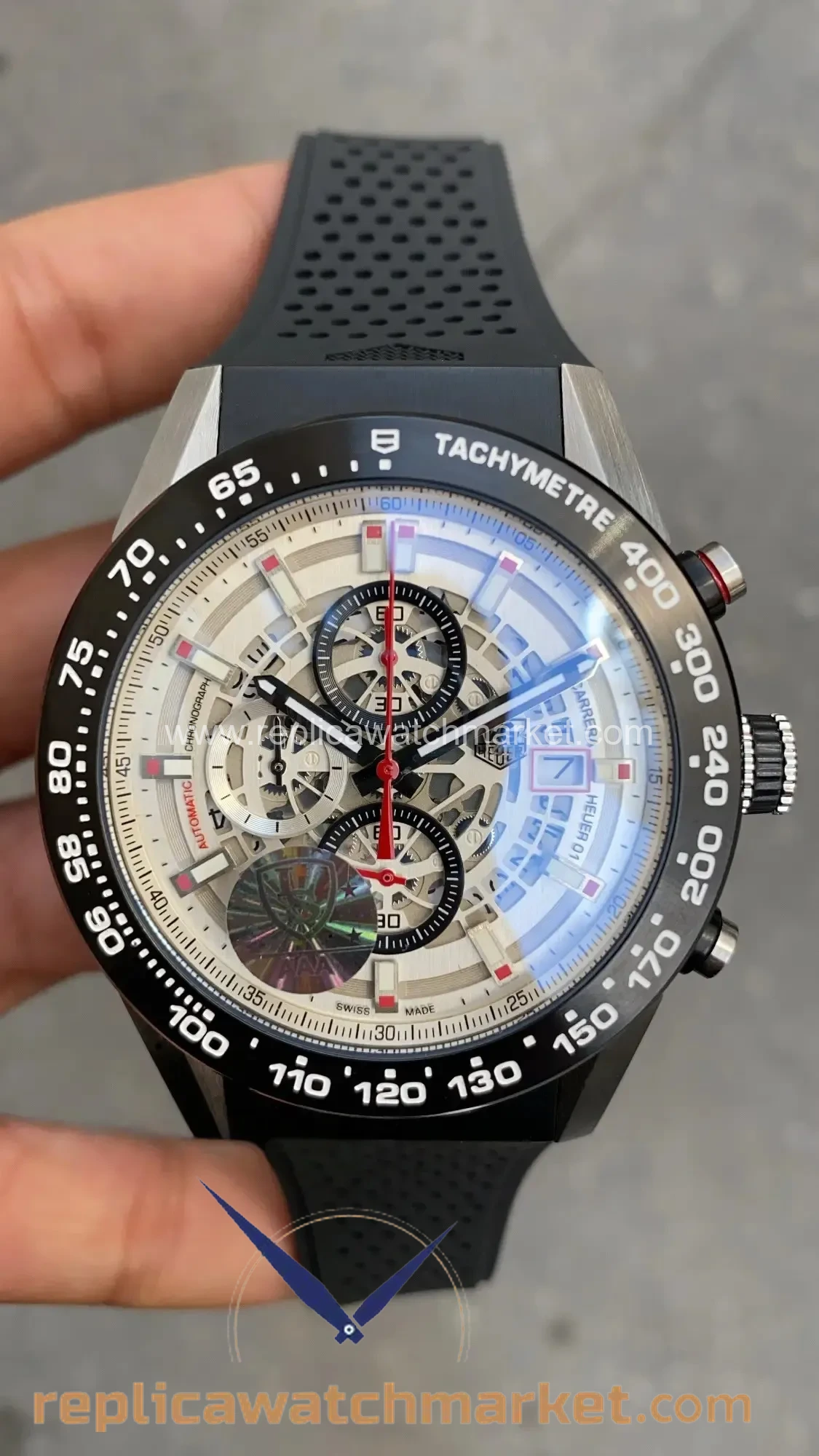 Replica TAG Heuer Carrera Calibre Heuer 01 Skeleton Chronograph — Steel Case White Dial Rubber Strap 43 mm — product view 1