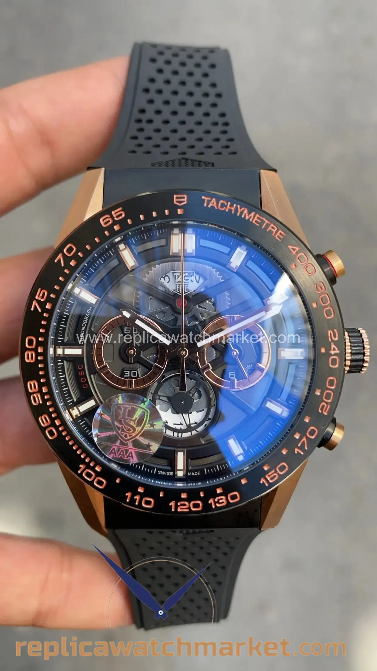 Replica TAG Heuer Carrera Calibre Heuer 01 Skeleton New Chronograph — Rose Gold Case Black Dial Rubber Strap 43 mm — product view 1