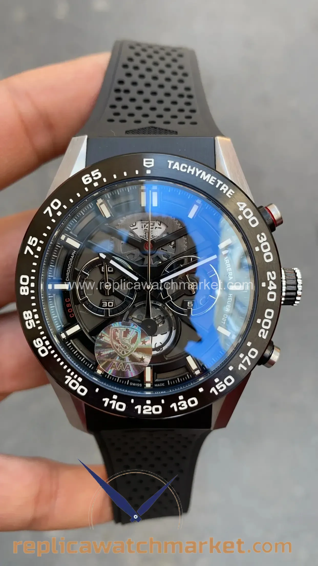 Replica TAG Heuer Carrera Calibre Heuer 01 Skeleton New Chronograph — Steel Case Black Dial Rubber Strap 43 mm — product view 1