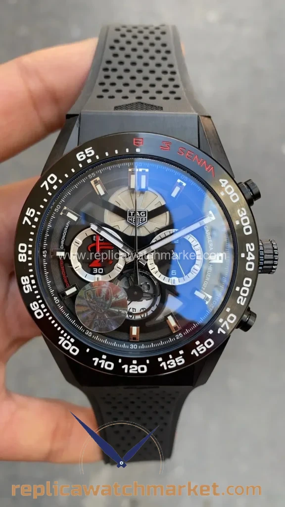 Replica TAG Heuer Carrera Calibre Heuer 02 Chronograph — Ayrton Senna Special Edition PVD Case Black Dial 43 mm — product view 1