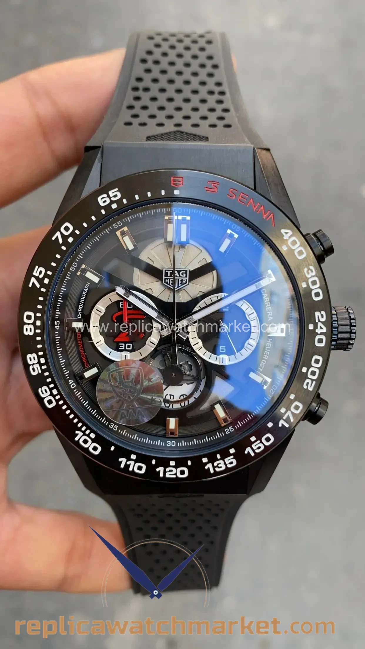 Replica TAG Heuer Carrera Calibre Heuer 02 Chronograph — Ayrton Senna Special Edition PVD Case Black Dial 43 mm — product view 1