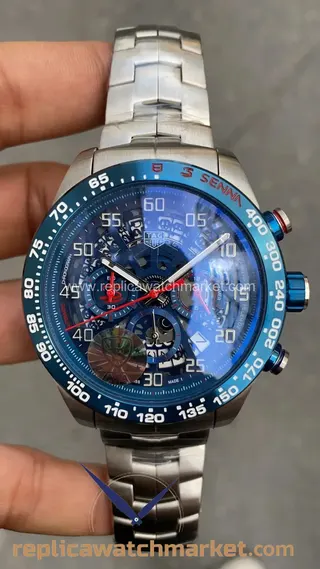Replika TAG Heuer Carrera Calibre Heuer 02 Kronograf — Ayrton Senna Özel Seri Mavi Kadran 43 mm — ürün görünümü 1