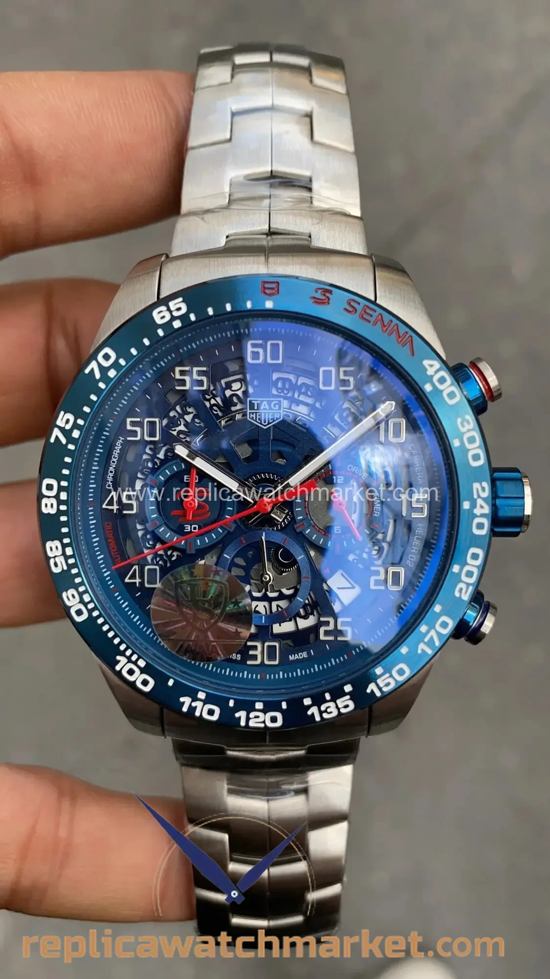 Replica TAG Heuer Carrera Calibre Heuer 02 Chronograph — Ayrton Senna Special Edition Blue Dial 43 mm — product view 1