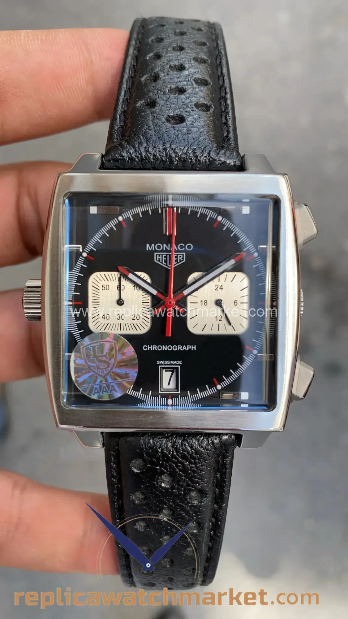 Replica TAG Heuer Monaco Calibre 11 CAW211P — Black Dial Black Leather 41 mm — product view 1