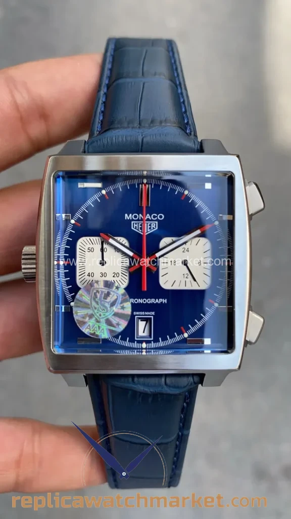 Replica TAG Heuer Monaco Calibre 11 CAW211P — Blue Dial Blue Leather 41 mm — product view 1