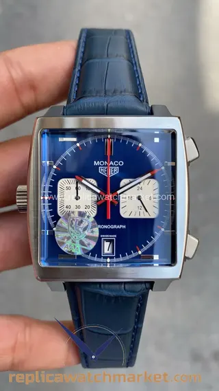 Replika TAG Heuer Monaco Calibre 11 CAW211P — Mavi Kadranlı Mavi Deri Kayışlı 41 mm — ürün görünümü 1