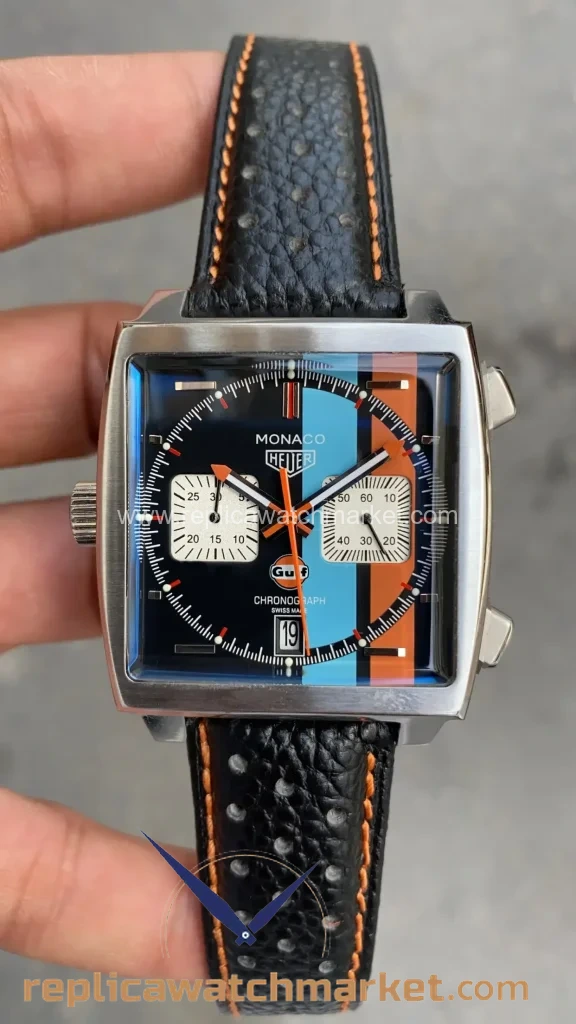 Replica TAG Heuer Monaco Gulf — Black Leather 41 mm — product view 1