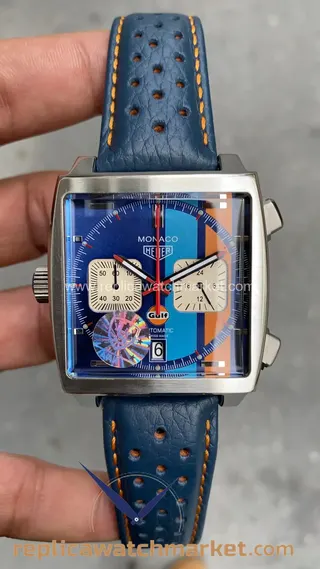 Replika TAG Heuer Monaco X Gulf CAW211R — Mavi Deri Kayışlı 41 mm — ürün görünümü 1