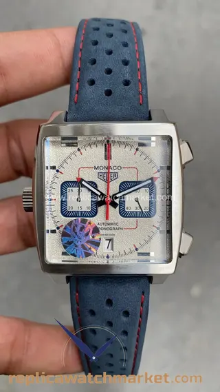 Replika TAG Heuer Monaco 50th Anniversary CAW211X — Mavi Deri Kayışlı 41 mm — ürün görünümü 1