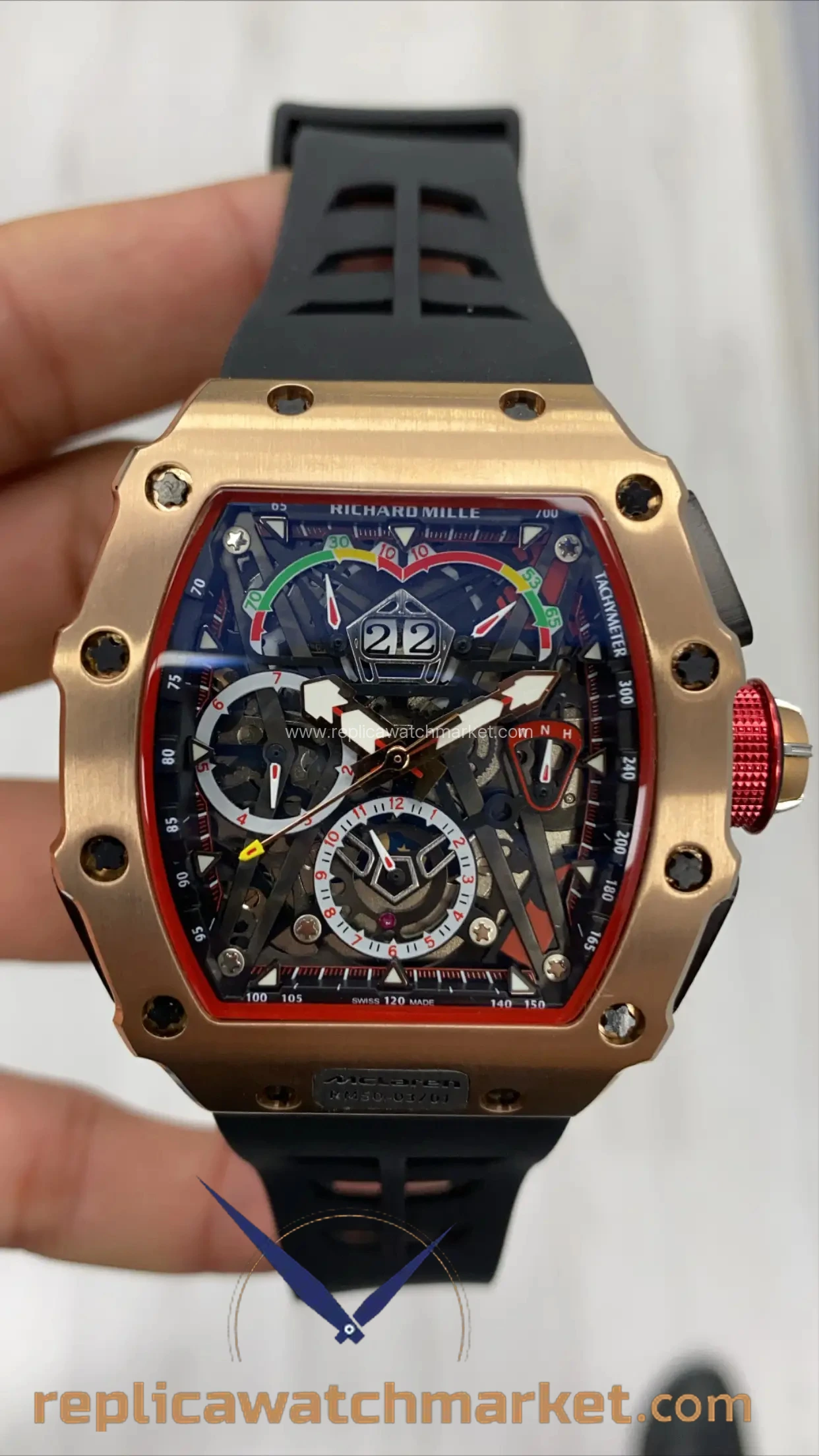 Replica Richard Mille RM 11 McLaren — Rose Gold Case Black Rubber — product view 1