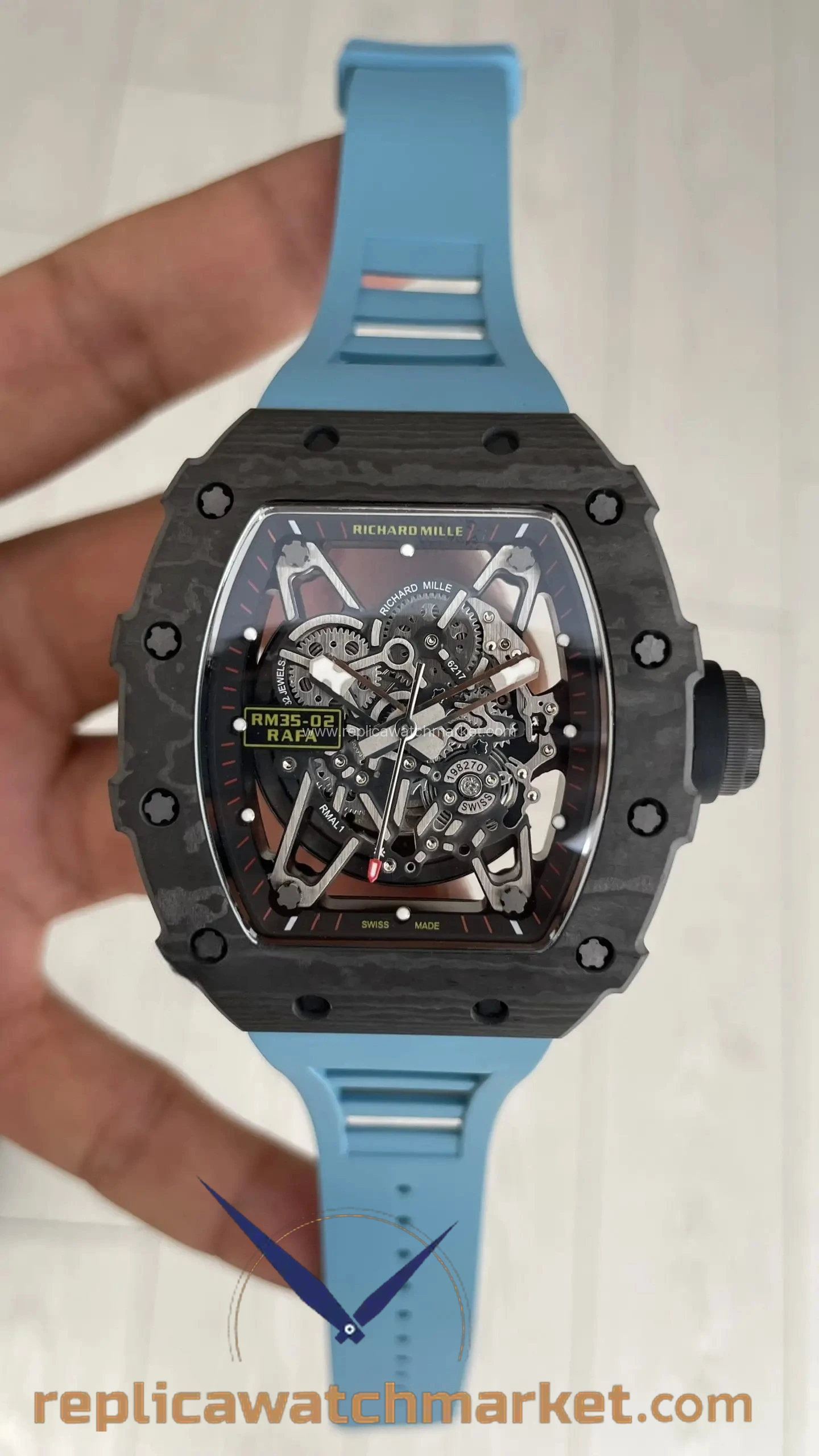 Replica Richard Mille Rafael Nadal RM 35-02 — Carbon Black Case Blue Rubber — product view 1