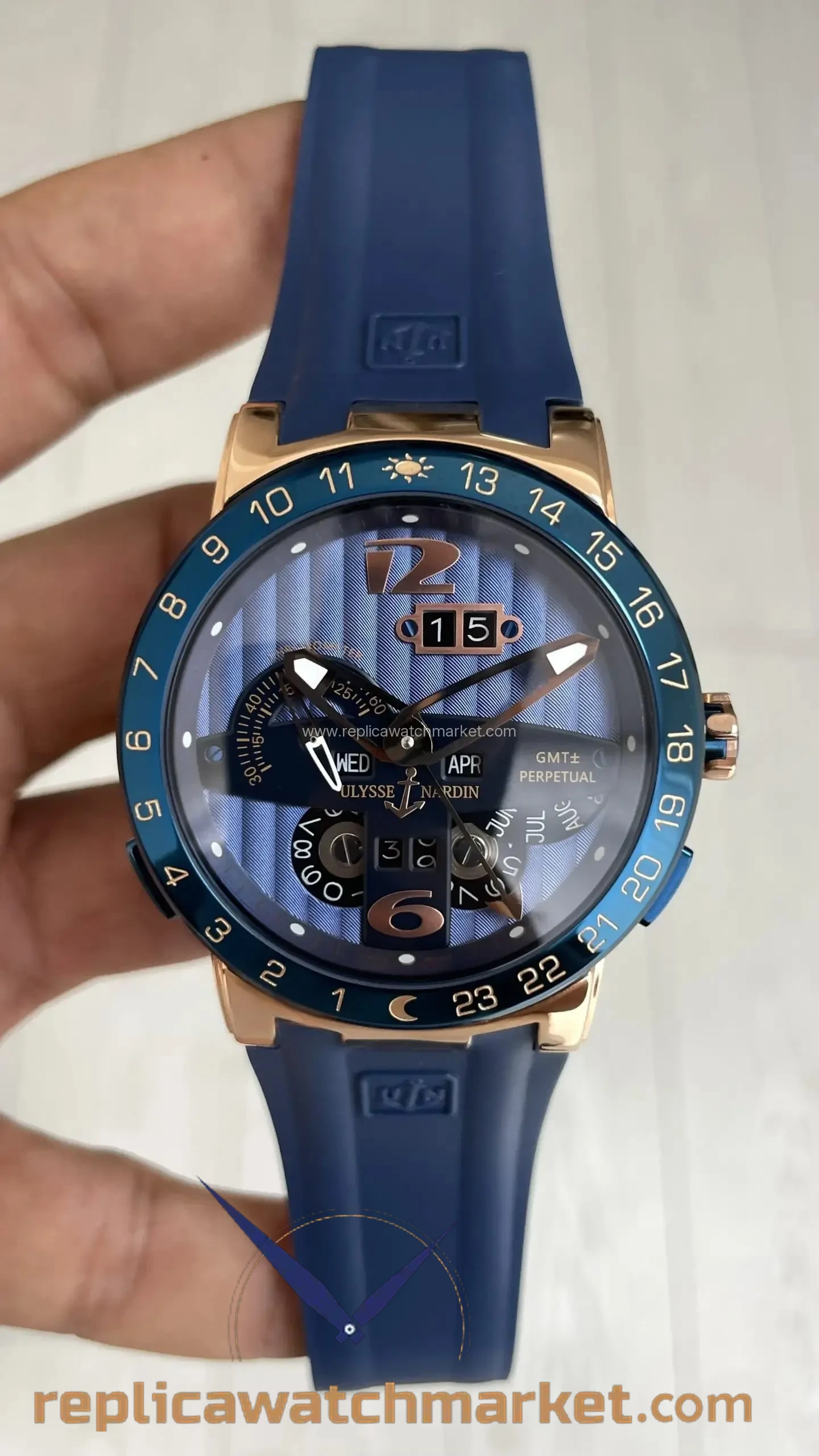 Replica Ulysse Nardin El Toro GMT Perpetual Calendar — Rose Case Blue Dial — product view 1