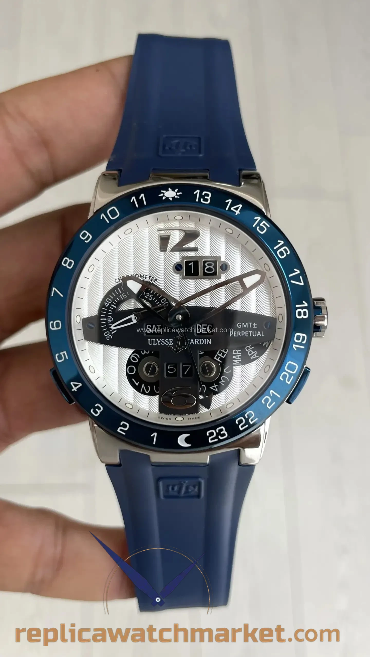 Replica Ulysse Nardin El Toro GMT Perpetual Calendar — Steel Case White Dial Blue Rubber — product view 1