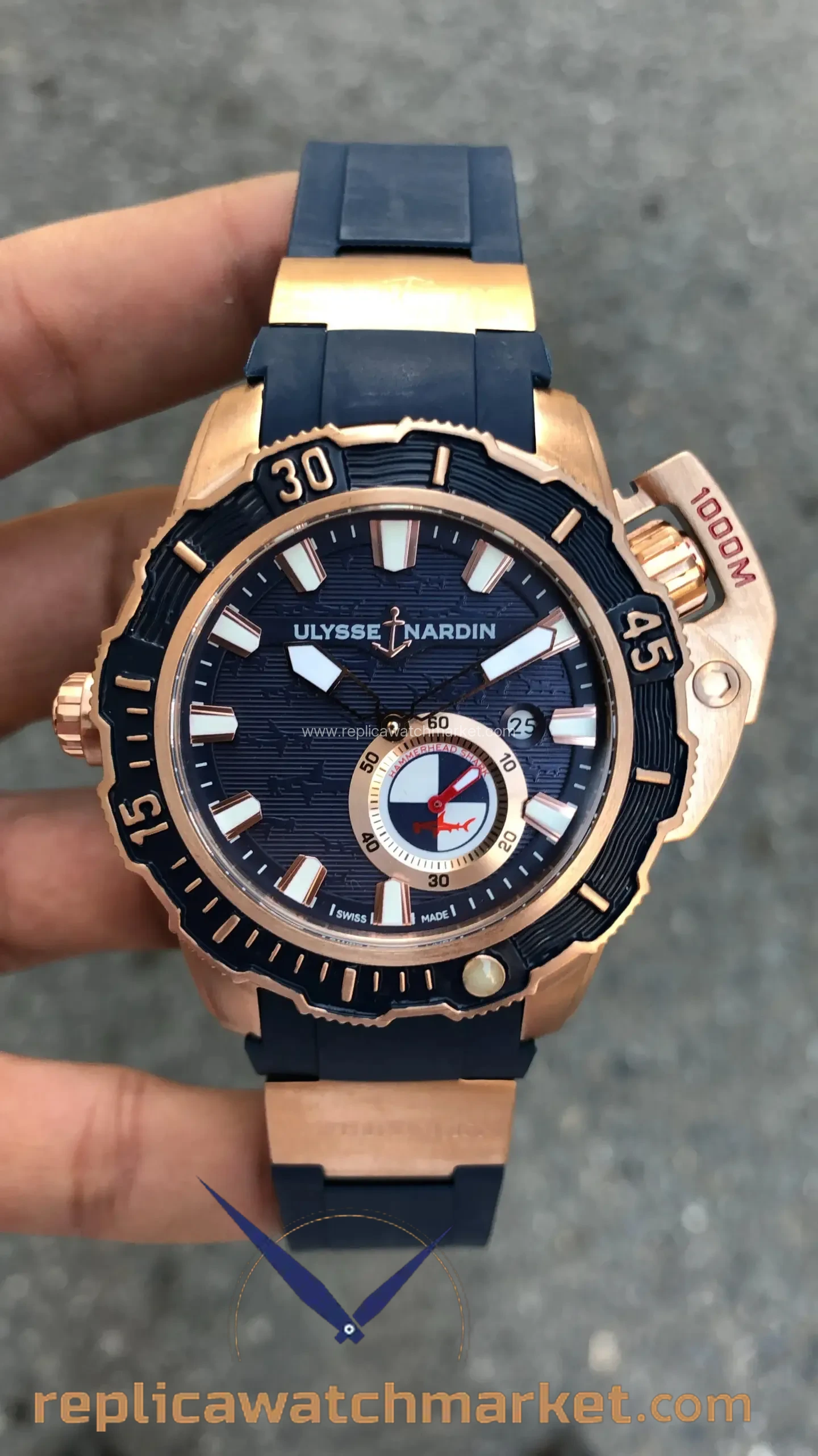 Replica Ulysse Nardin Hammerhead Shark Diver Deep Dive — Rose Case Blue Dial — product view 1