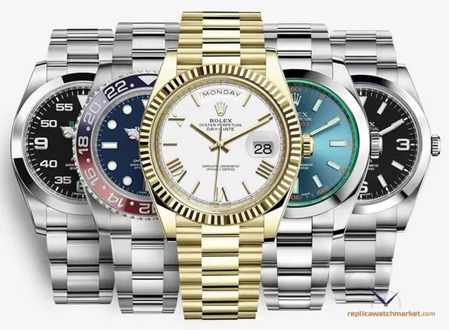 Çelik ve altın tonlu bileziklere sahip replika Rolex saat modelleri