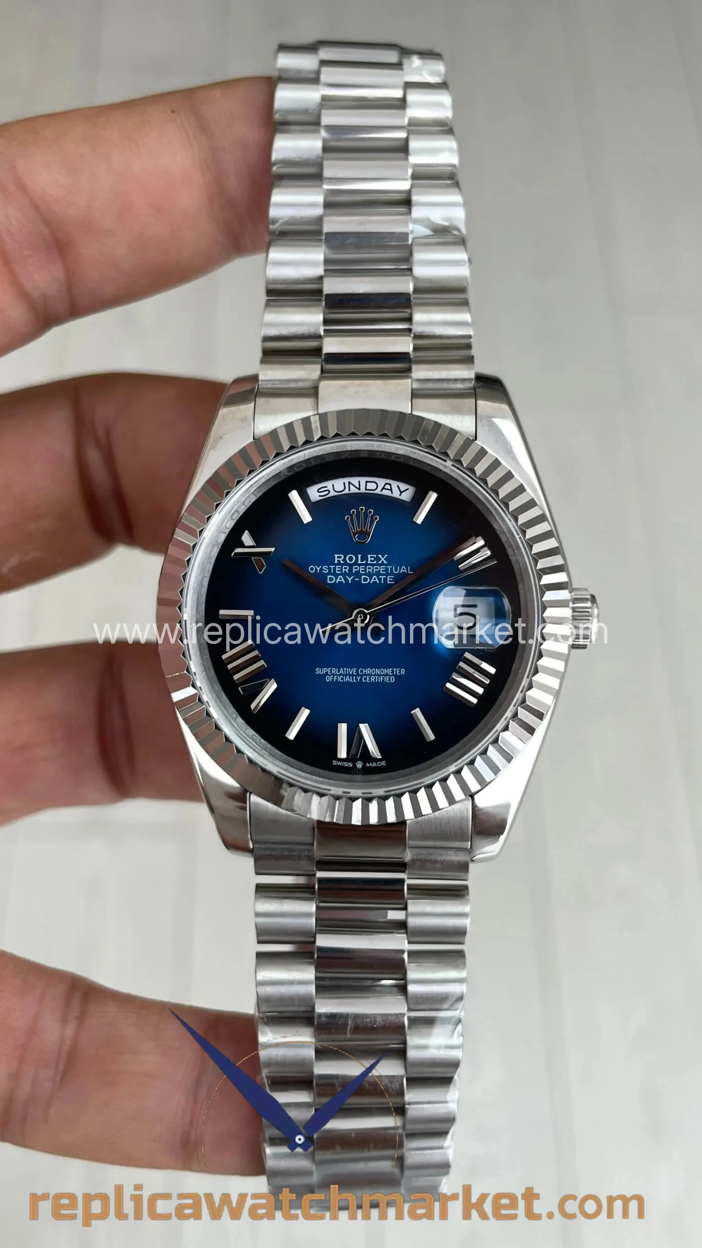 Replica Rolex Day-Date 228239 — Blue Ombre Roman Dial Steel Case 40 mm — product view 1